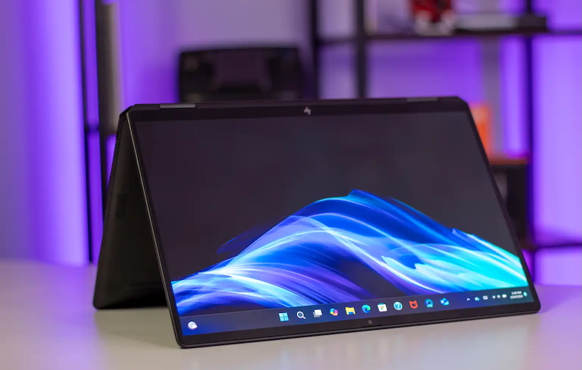 A black HP OmiBook Ultra Flip in tablet mode