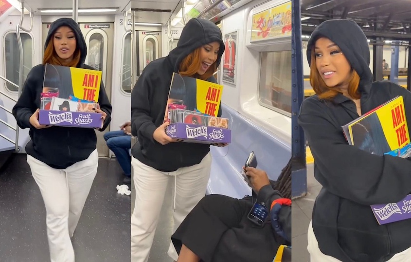 Cardi B doing a skit on the subway, selling CDs and vinyls