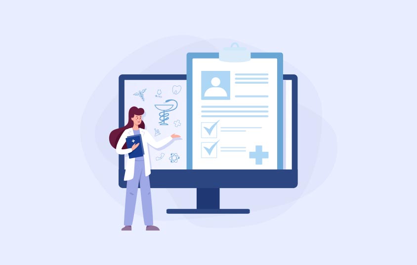 Illustrated medical professional pointing at a computer screen