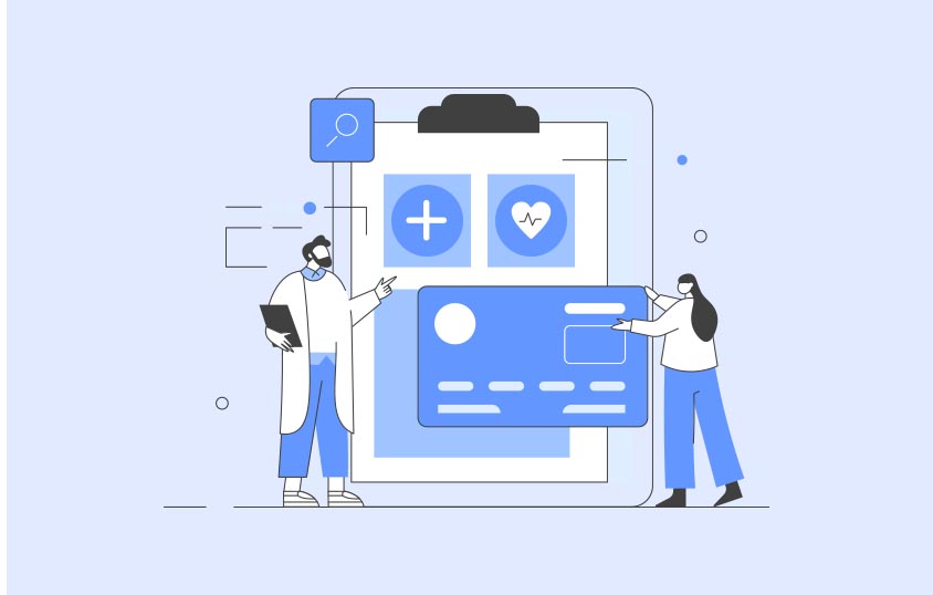 illustrated man and woman point at a screen