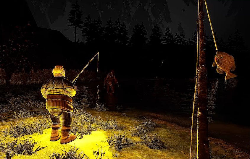 2 characters from GONE Fishing standing still while staring at a barely visible monster in the distance