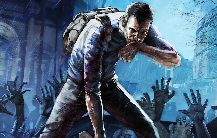 Zombies surround a hunched-over survivor who’s wiping his mouth with one hand while holding a bat in the other.