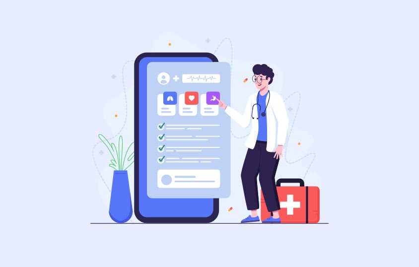 illustrated medical professional with a red medical bad pointing at a phone screen