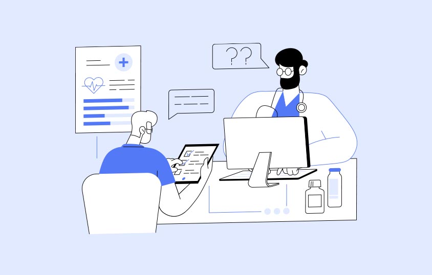Illustrated doctor and patient reviewing a medical checklist
